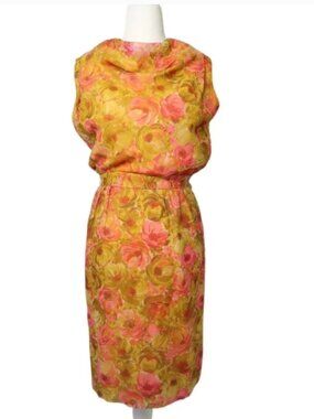 Vintage 1960s Suzy Perette Chartreuse Pink Floral Silk Cowl Neck Dress